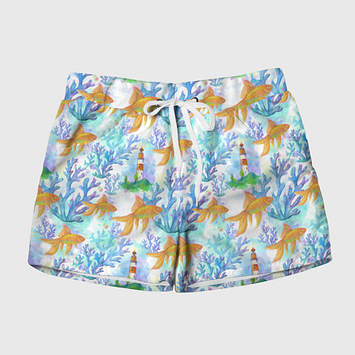 Женские шорты Золотая рыбка и кораллы акварельные / 3D-принт – фото 1
