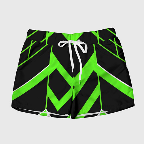 Женские шорты Зелёно-белые полосы и чёрный фон / 3D-принт – фото 1