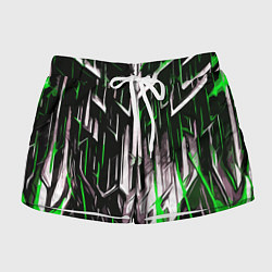 Шорты женские Зелёно-белые вертикальные полосы на чёрном фоне, цвет: 3D-принт