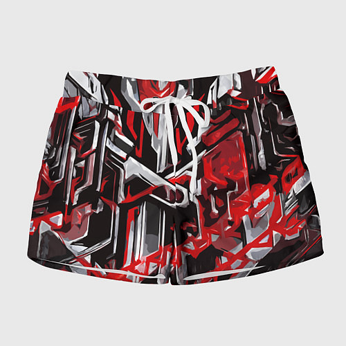 Женские шорты Красно-белая агрессивная абстракция на чёрном фоне / 3D-принт – фото 1
