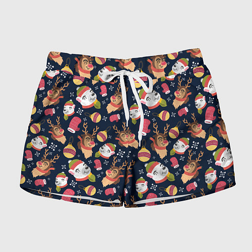 Женские шорты Новогодний детский паттерн с животными / 3D-принт – фото 1