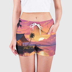 Шорты женские Домик на берегу закат, цвет: 3D-принт — фото 2