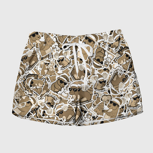 Женские шорты Патерн новогодняя капибара в бежевом / 3D-принт – фото 1