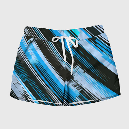 Женские шорты Синие диагональные полосы на чёрном фоне / 3D-принт – фото 1