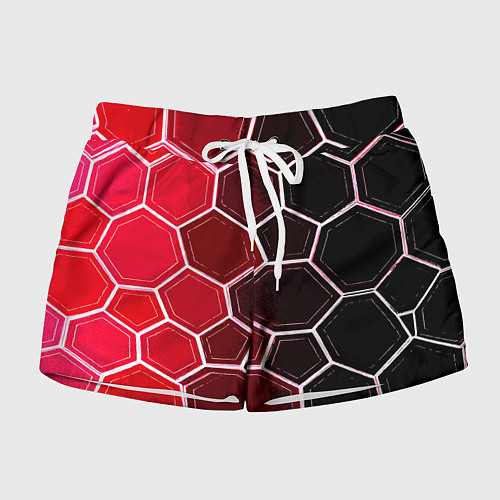Женские шорты Белые шестиугольники на чёрно-красном фоне / 3D-принт – фото 1