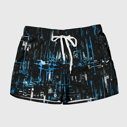 Женские шорты Бело-синяя тревожная абстракция на чёрном фоне / 3D-принт – фото 1