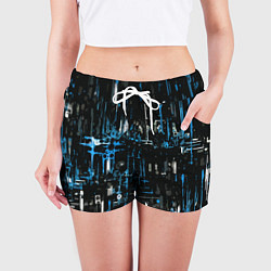 Шорты женские Бело-синяя тревожная абстракция на чёрном фоне, цвет: 3D-принт — фото 2