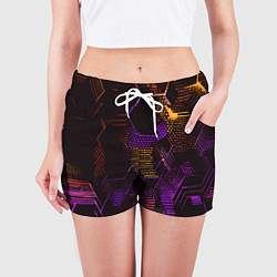 Шорты женские Жёлто-фиолетовые точки и линии на чёрном фоне, цвет: 3D-принт — фото 2
