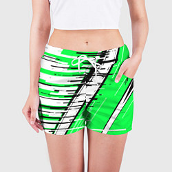 Шорты женские Чёрно-белые глитч полосы на зелёном фоне, цвет: 3D-принт — фото 2