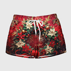 Шорты женские Новогодний венок с пуансеттией - нейросеть, цвет: 3D-принт