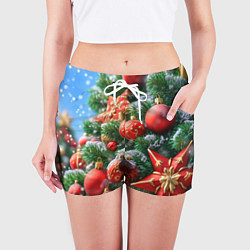 Шорты женские Красные шары и звезда новогодняя, цвет: 3D-принт — фото 2