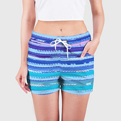 Шорты женские Морской сине-голубой абстрактные полосы, цвет: 3D-принт — фото 2