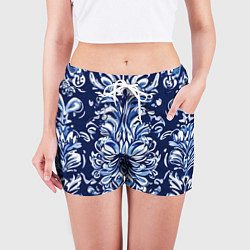 Шорты женские Гжель русский орнамент королевский синий, цвет: 3D-принт — фото 2