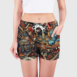 Шорты женские Дракон и самурай в стиле татуировки ирезуми, цвет: 3D-принт — фото 2