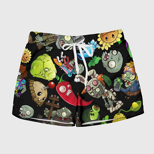 Женские шорты Растения против зомби персонажи на черном / 3D-принт – фото 1
