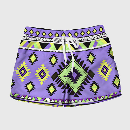 Женские шорты Геометрический сиренево желтый орнамент ацтеков / 3D-принт – фото 1