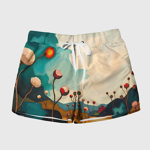 Женские шорты Сюрреалистичный пейзаж с цветами / 3D-принт – фото 1