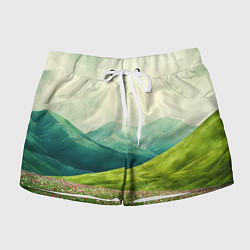 Женские шорты Горы и поле с цветами - зеленый пейзаж