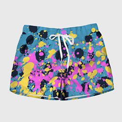 Шорты женские Брызги краски розовой желтой и темно синей, цвет: 3D-принт