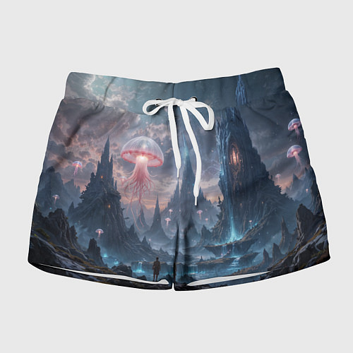 Женские шорты Фантастический мир с медузами и озеро у гор / 3D-принт – фото 1