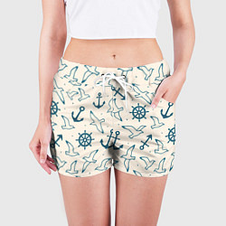 Шорты женские Морской паттерн из штурвалов, чаек и якорей, цвет: 3D-принт — фото 2