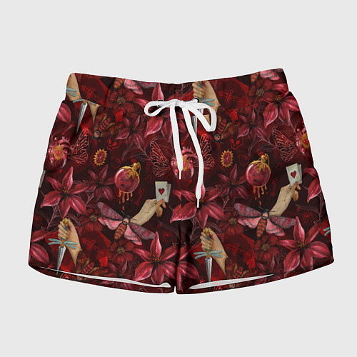 Женские шорты Бордовая готика с сердцем, лилиями и мотыльками / 3D-принт – фото 1