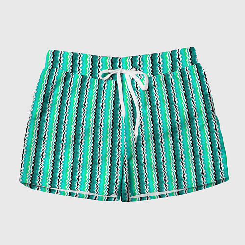 Женские шорты Вертикальные бирюзовые зеленые волнистые полосы / 3D-принт – фото 1