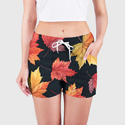 Шорты женские Кленовые листья на черном - акварельный паттерн, цвет: 3D-принт — фото 2