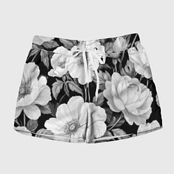 Шорты женские Чёрно-серый цветочный паттерн, цвет: 3D-принт