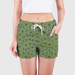 Шорты женские Синие цветочные мотивы на зеленом, цвет: 3D-принт — фото 2