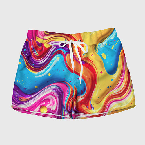 Женские шорты Смесь красно-жёлто-голубых масляных красок абстрак / 3D-принт – фото 1