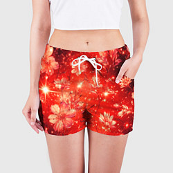 Шорты женские Цветочный красный с искрами, цвет: 3D-принт — фото 2
