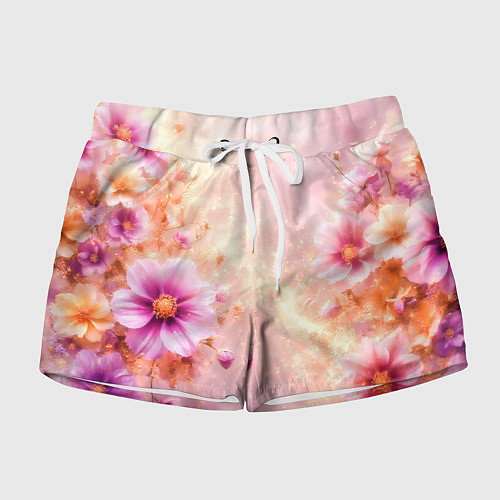 Женские шорты Нежный розовый цветочный с золотистым свечением / 3D-принт – фото 1