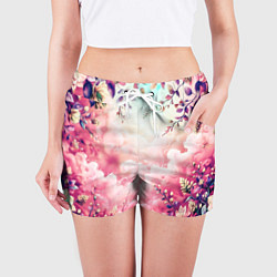 Шорты женские Фантастический цветочный розовый с облаками, цвет: 3D-принт — фото 2