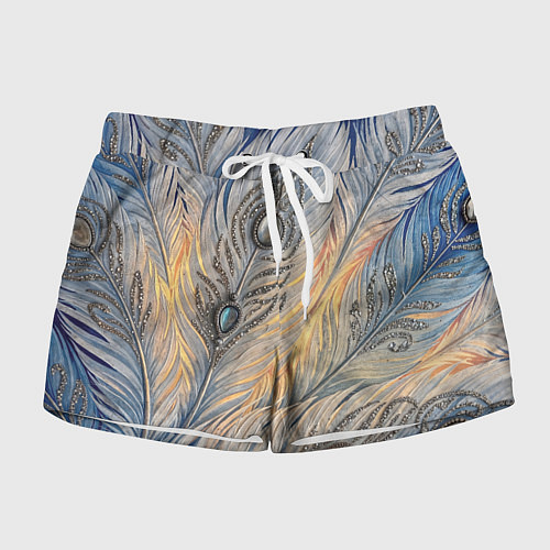 Женские шорты Синие перья с самоцветами / 3D-принт – фото 1