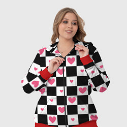 Женский 3D-костюм Розовые сердечки на фоне шахматной черно-белой дос, цвет: 3D-красный — фото 2