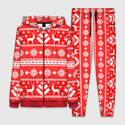 Женский костюм Новый год ели и олени на красном фоне