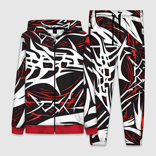 Женский костюм Белые и красные агрессивные линии на чёрном фоне / 3D-Красный – фото 1