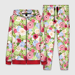 Женский 3D-костюм Фон с розами, лютиками и гортензиями, цвет: 3D-красный