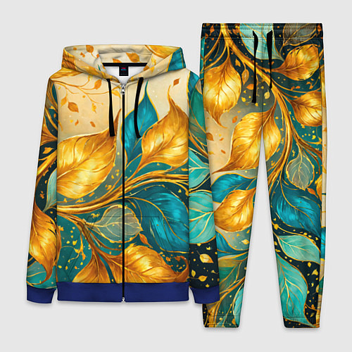 Женский костюм Листья абстрактные золото и бирюза / 3D-Синий – фото 1
