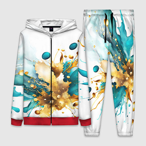 Женский костюм Бирюзово голубая абстракция, брызги краски на бело / 3D-Красный – фото 1