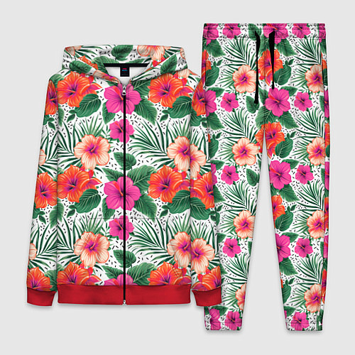Женский костюм Цветы гибискуса и листья мальмы летний тропический / 3D-Красный – фото 1