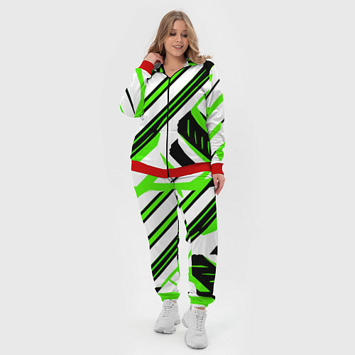 Женский костюм Чёрно-зелёные полосы на белом фоне / 3D-Красный – фото 4