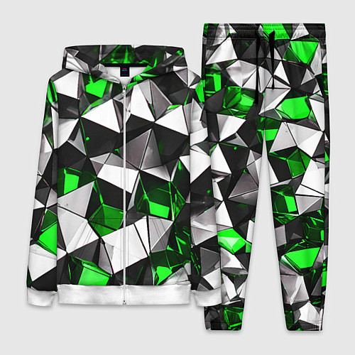 Женский костюм Зелёно-белые рельефные треугольники на чёрном фоне / 3D-Белый – фото 1