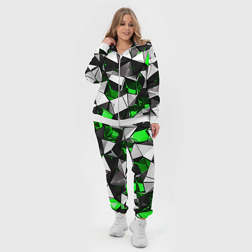Женский костюм Зелёно-белые рельефные треугольники на чёрном фоне / 3D-Белый – фото 4