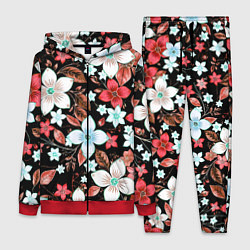 Женский костюм Красно-белые цветы на чёрном фоне