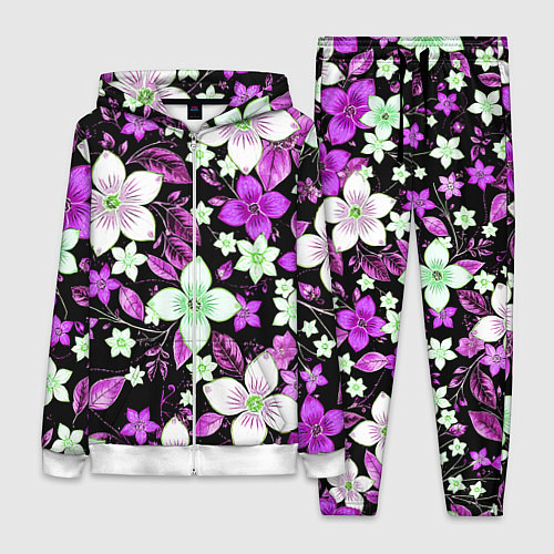 Женский костюм Фиолетово-белые цветы на чёрном фоне / 3D-Белый – фото 1