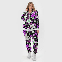 Женский 3D-костюм Фиолетово-белые цветы на чёрном фоне, цвет: 3D-белый — фото 2