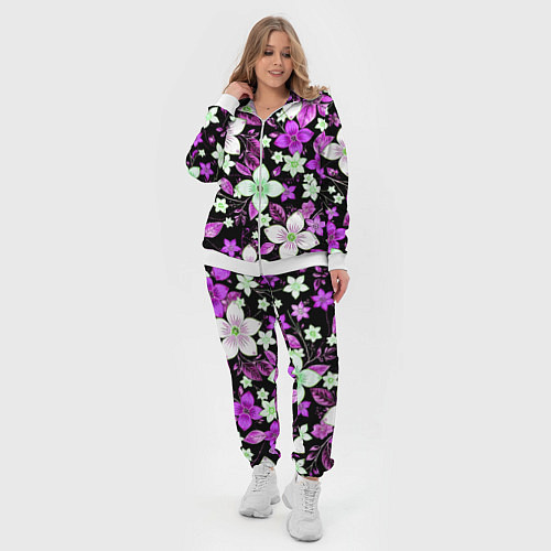 Женский костюм Фиолетово-белые цветы на чёрном фоне / 3D-Белый – фото 4