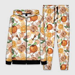 Женский костюм Апельсины, корица, булочки с корицей на светлом фо